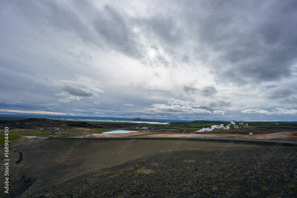 Iceland - Geothermal area and mountain landscape near myvatn from  volcano