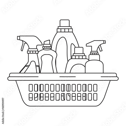 monochrome silhouette of cleaning products in plastic basket vector illustration