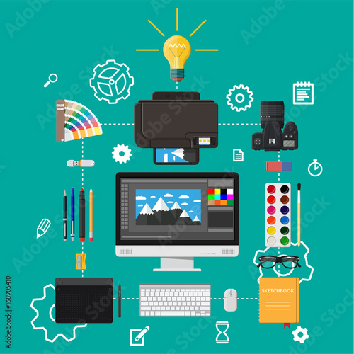 Designer workplace. Illustrator desktop with tools