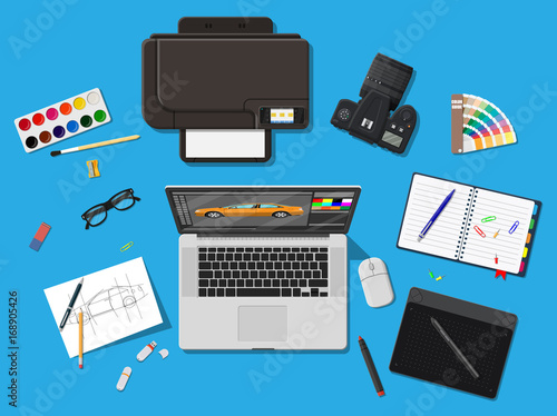 Designer workplace. Illustrator desktop with tools