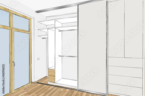 Empty wardrobe with sliding doors in the interior. 3D illustration. Home Interior Design Software Programs.