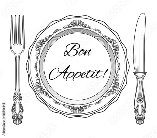 Bon appetit. Plate, fork and knife. Vector illustration
