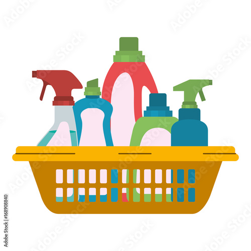 colorful silhouette of cleaning products in plastic basket vector illustration
