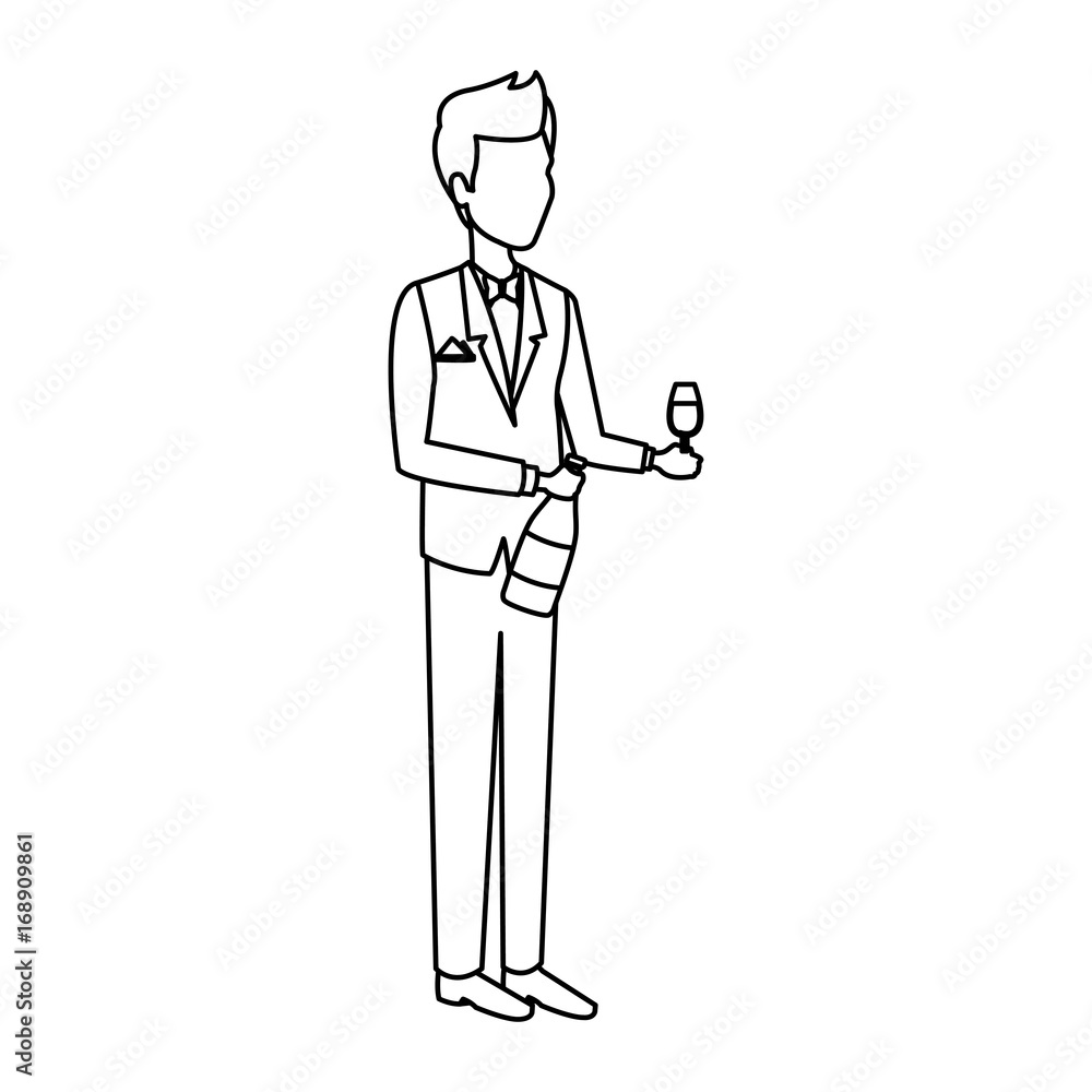 smiling groom holding a bottle and glass cup in a wedding vector illustration