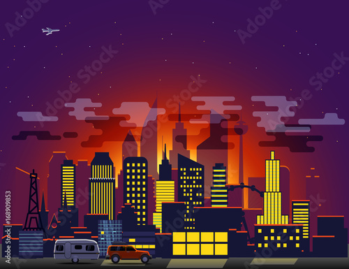 Modern cityscape with night illumination. Vector illustration