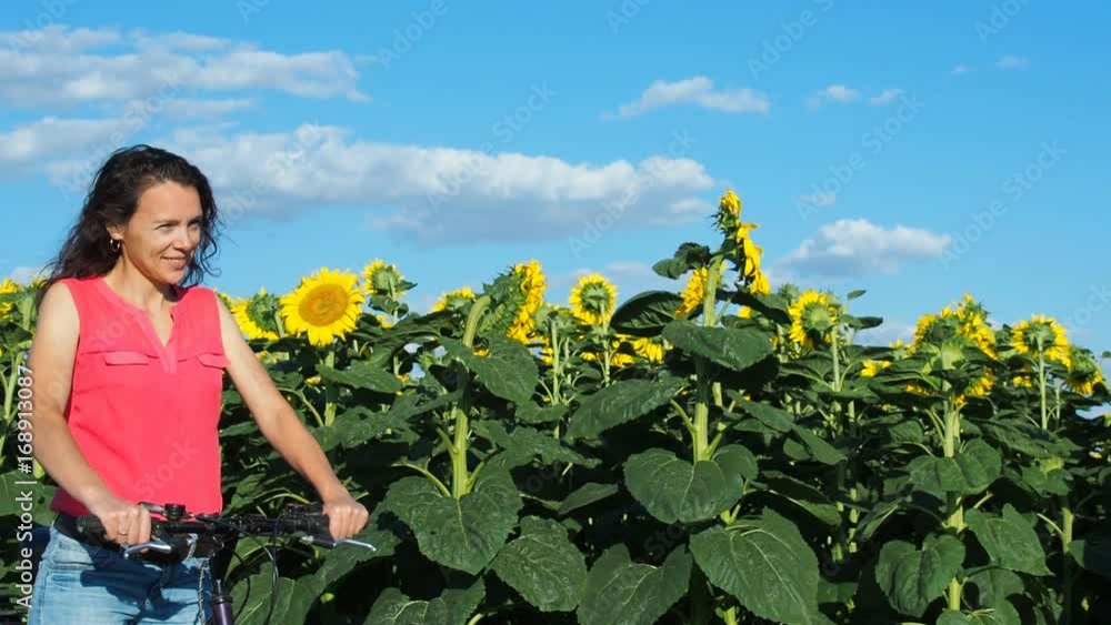 Girl on a bicycle in a field of sunflowers. Beautiful girl on the field of sunflowers. Girl on a bicycle in a field of sunflowers. Beautiful girl on the field of sunflowers.