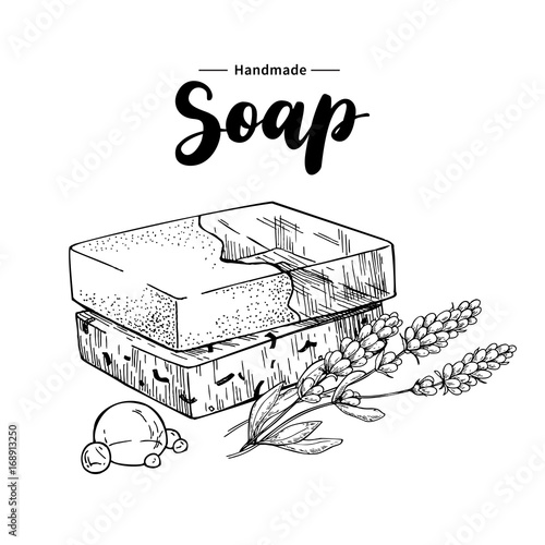 Handmade natural soap. Vector hand drawn illustration of organic cosmetic with lavender medical flowers.