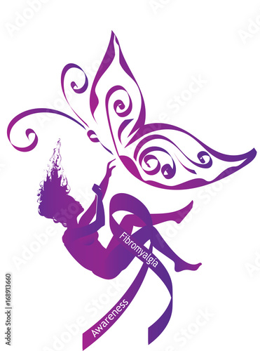 Fibromyalgia awareness. Purple  silhouette of a falling woman with purple awareness ribbon and butterfly - symbol of fibromyalgia, chronic pain and chronic fatigue syndrome, broken dreams