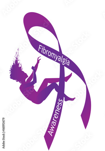 Fibromyalgia awareness. Purple  silhouette of a falling woman with purple awareness ribbon and butterfly - symbol of fibromyalgia, chronic pain and chronic fatigue syndrome, broken dreams