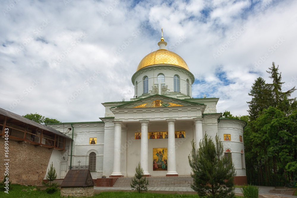 Russia. Saint Michael orthodox cathedral in the Pskovo-Pechersky Dormition Monastery.