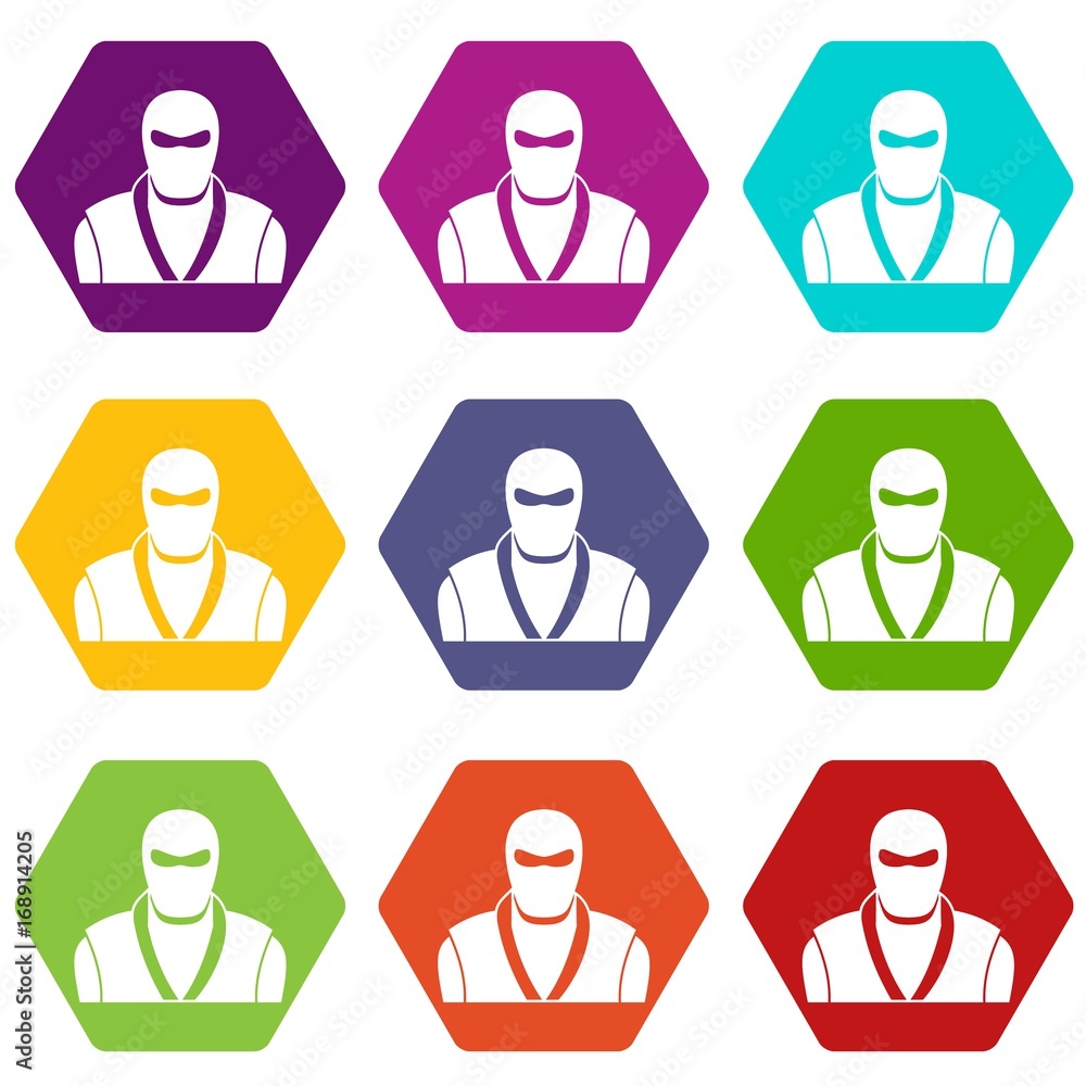 Ninja in black mask icon set color hexahedron Ninja in black mask icon set color hexahedron