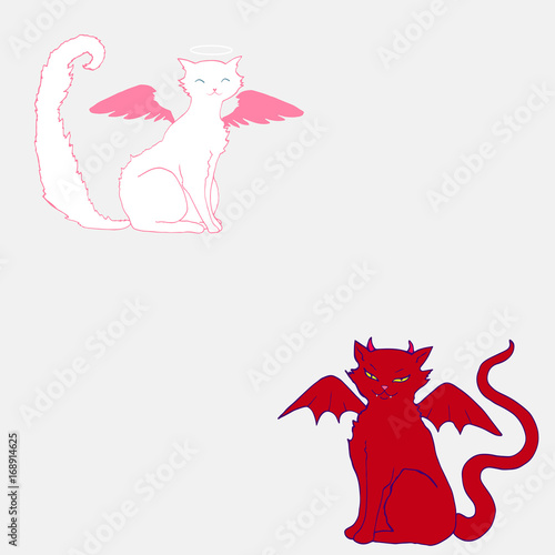Cat angel,white color, pink wings and a halo above the head, and the cat devil, with horns, fangs,arrogant grin, scarlet skin color and wings, isolated, comic style.