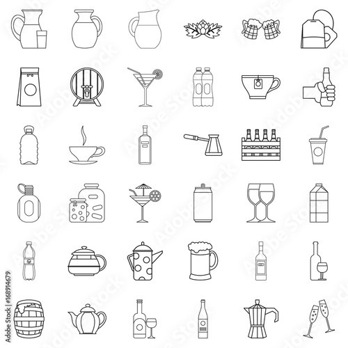 Bottle crate icons set, outline style