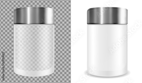 Plastic transparent jar with black cap. Packaging for cosmetics