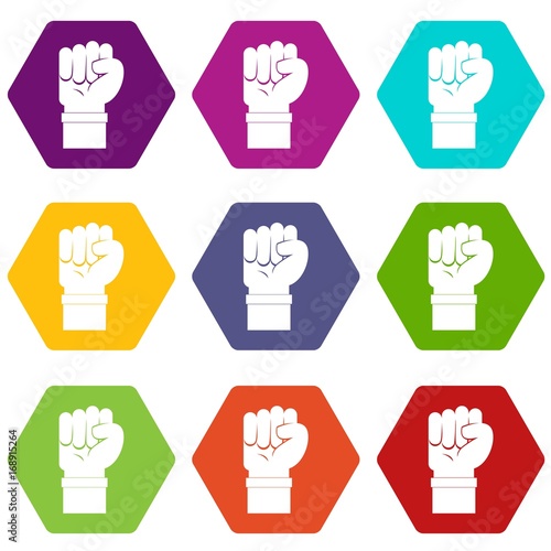 Fist icon set color hexahedron