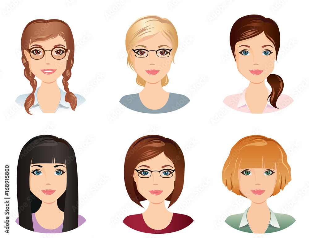 Different hairstyles, female, for the girl, young adult, woman, set 5, / flat design, vector illustration Different hairstyles, female, for the girl, young adult, woman, set 5, / flat design, vector illustration