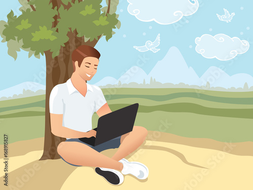 Downshifting concept. Flat design colorful illustration. Freelancer changes lifestyle to be happy. Handsome man seating and working near the sea. Downshifting cartoon character in vector