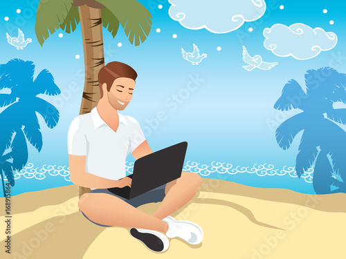 Downshifting concept. Flat design colorful illustration. Freelancer changes lifestyle to be happy. Handsome man seating and working near the sea. Downshifting cartoon character in vector