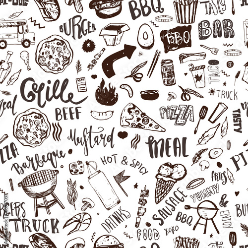 Fast food truck Seamless pattern with lettering and doodle items. Vector festival background for menu, wrapping.