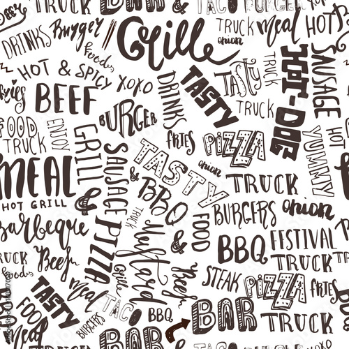 Fast food Seamless pattern with lettering. Vector festival background for menu, wrapping isolated on white background