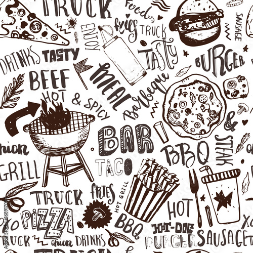 Fast food truck Seamless pattern with lettering and doodle items. Vector festival background for menu, wrapping.