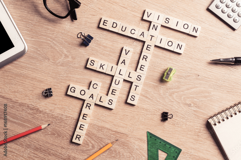 Conceptual keywords on wooden table with elements of game making Conceptual keywords on wooden table with elements of game making