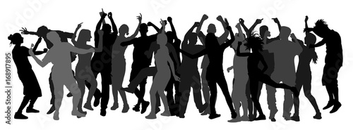 Party dancer people, girls and boys vector silhouette illustration. Nightlife party concept with crew dancing. Disco club event.  Birthday celebration. Teenagers in good mood. Fun and entertainment.