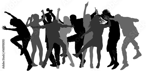 Party dancer people, girls and boys vector silhouette illustration. Nightlife party concept with crew dancing. Disco club event.  Birthday celebration. Teenagers in good mood. Fun and entertainment.