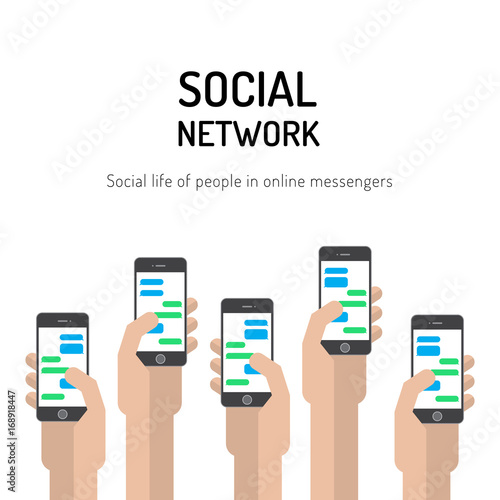 The concept of human communication in social networks from their smartphones which hold in your hand. Mobile social networking applications and messengers for communication in the Internet