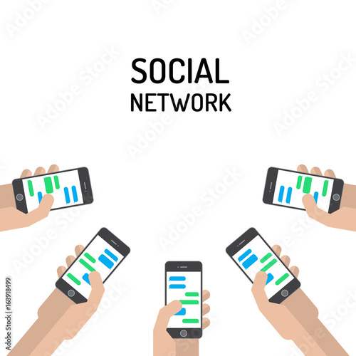 The concept of human communication in social networks from their smartphones which hold in your hand. Mobile social networking applications and messengers for communication in the Internet