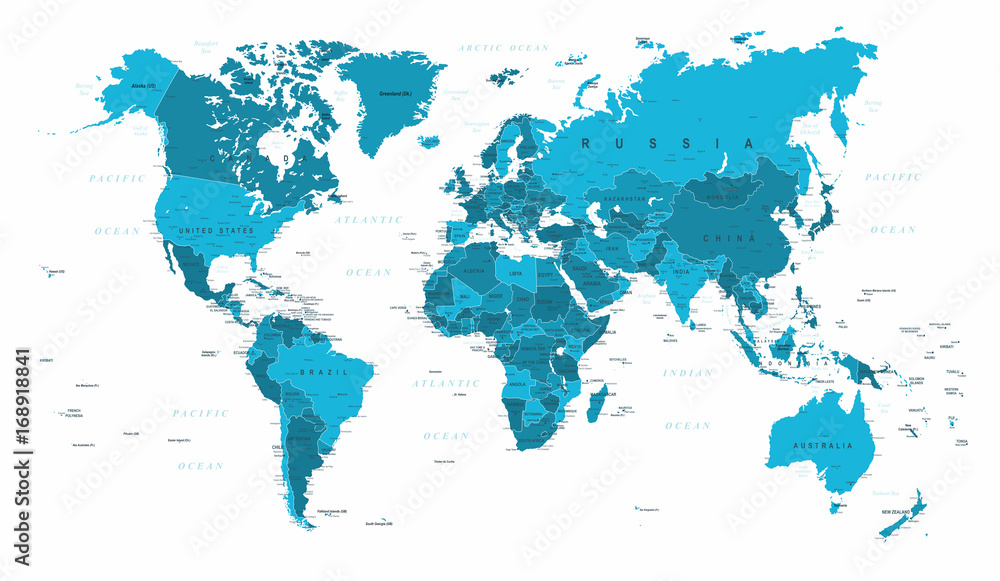 Naklejka Mapa świata Polityczny niebieski wektor