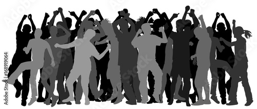 Party dancer people, girls and boys vector silhouette illustration. Nightlife party concept with crew dancing. Disco club event.  Birthday celebration. Teenagers in good mood. Fun and entertainment.
