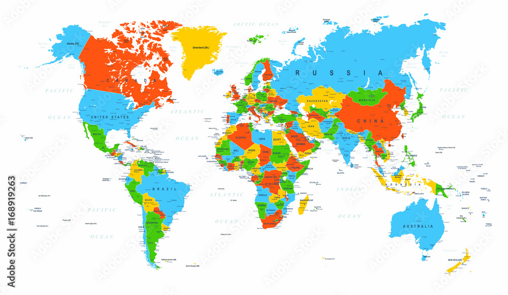 Naklejka Światowa mapa Polityczny Czerwony Błękitny Zielony wektor