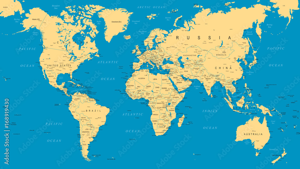 World Map Political Blue Beige Vector