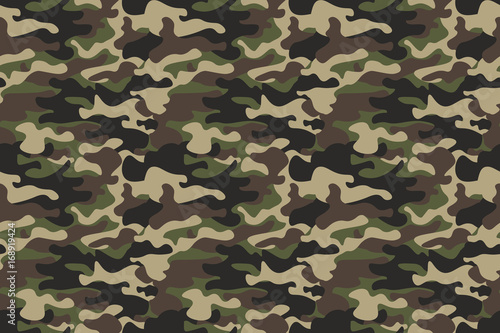 Camouflage seamless pattern background. Horizontal seamless banner. Classic clothing style masking camo repeat print. Green brown black olive colors forest texture. Design element. Vector illustration