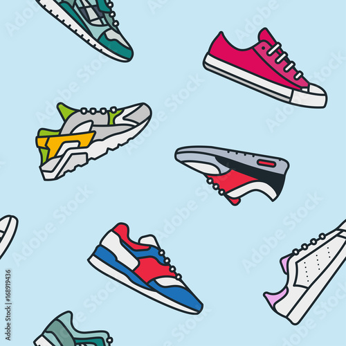 Seamless Pattern Sneaker Shoe Minimalistic Color Flat Line Outline Stroke Icon Pictogram Symbol
