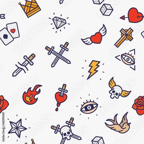 Seamless Pattern Vintage Old School Tattoo Minimal Color Flat Line Stroke Icon Pictogram Symbol Illustration