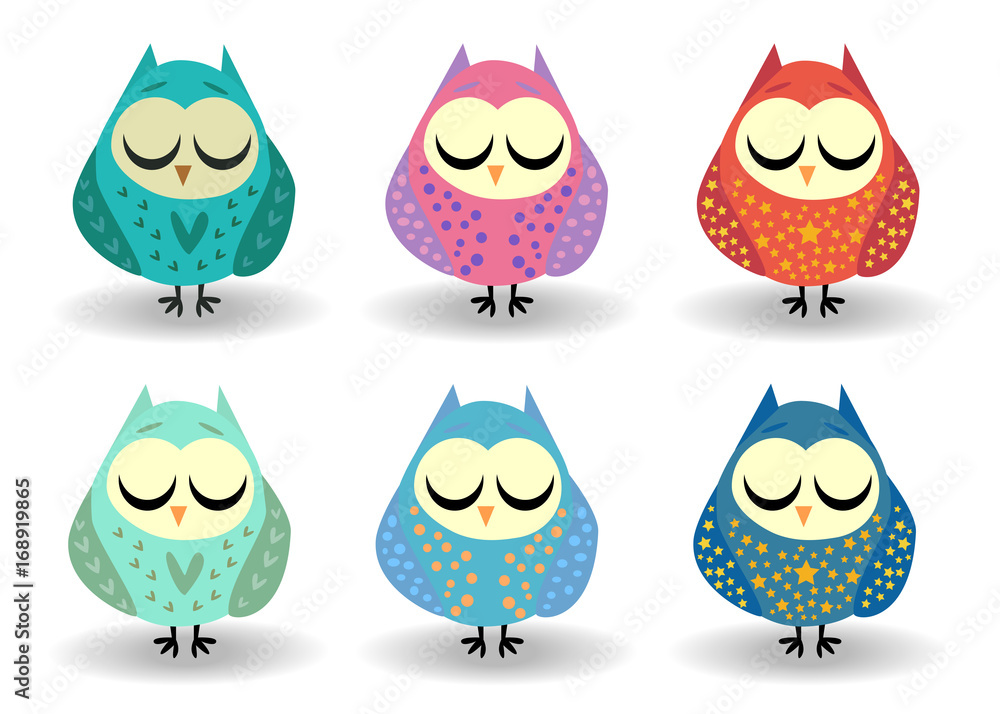A set of six owls with closed eyes, sleeping in hearts, speckles, in sprockets. Drawing for a cup, decoration, postcard. Pastel shades. A set of six owls with closed eyes, sleeping in hearts, speckles, in sprockets. Drawing for a cup, decoration, postcard. Pastel shades.