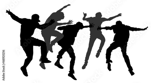Party dancer people, happy boys vector silhouette illustration. Nightlife party concept with crew dancing. Disco club event. Celebration dance.