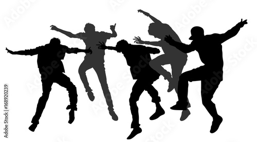 Party dancer people, happy boys vector silhouette illustration. Nightlife party concept with crew dancing. Disco club event. Celebration dance.