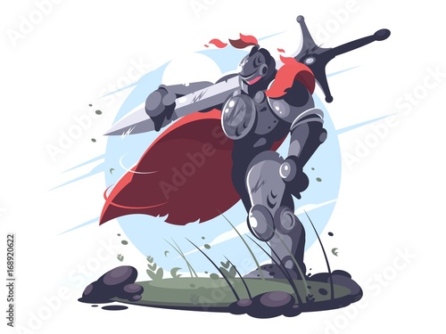 Medieval knight in metal armor and helmet