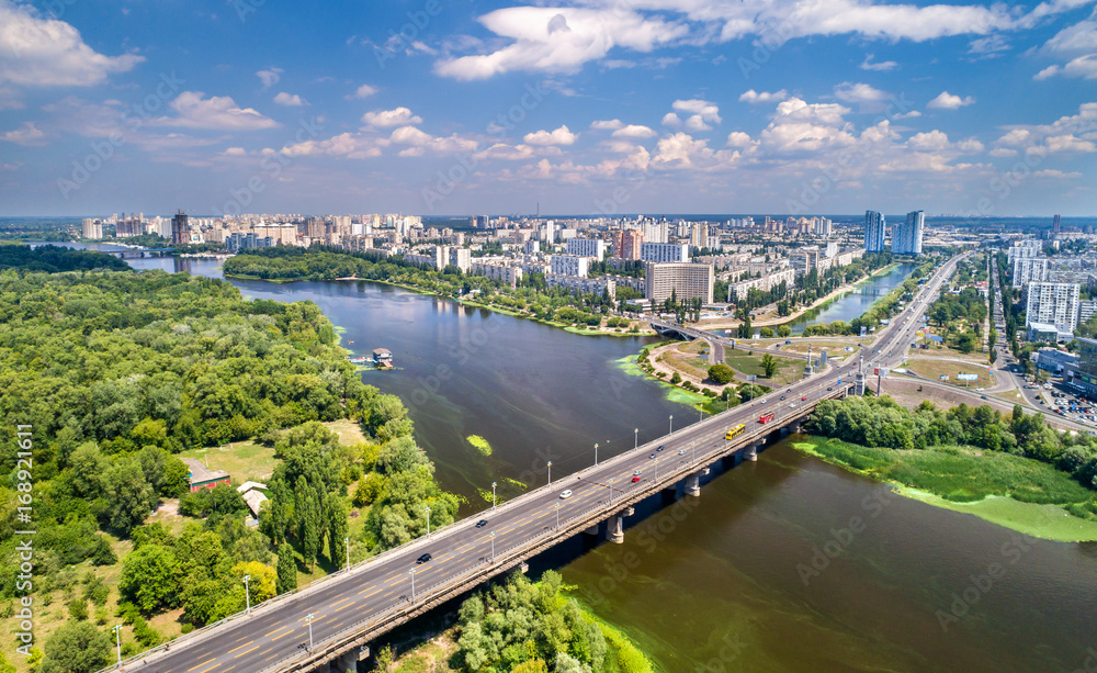 The Paton bridge and Rusanivka district of Kyiv, Ukraine