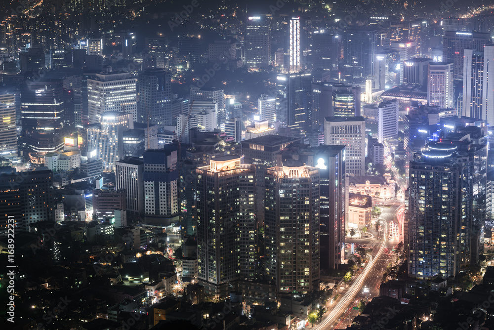 Fantastic view of a big city at night with illuminated modern architecture. Seoul downtown, South Korea