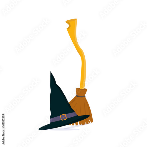 Vector cartoon illustration: Besom or Witch twig Broom and wizard hat isolated.