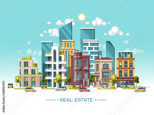 Fototapeta Naklejka Na Ścianę i Meble -  City landscape. Real estate and construction business concept. Modern architecture, buildings, hi-tech townhouses, cars, green roofs, skyscrapers. Flat vector illustration. 3d style.