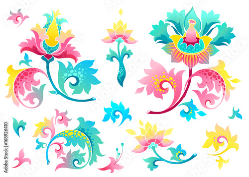 Vector set with exotic flowers in Chinese style. © Anna Pogulyaeva