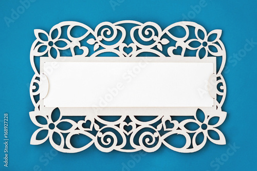 White marble classic blank nameplate with empty space for text on blue background. Vintage background with copyspace for address, name, text photo