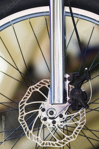 Front brakes on a modern mountain bicycle. Brake disc