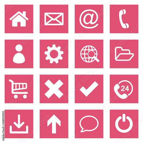 White flat basic web icon collection on magenta rectangular backgrounds