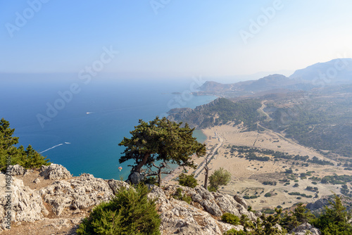 Aerial view on a coastline of Rhodes island from Tsampika church